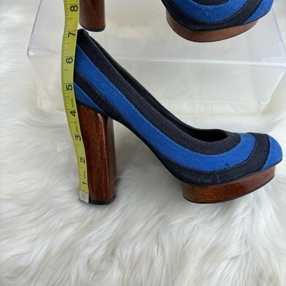 TORY BURCH JOELLE BLUE STRIPE WOOD PLATFORMS PUMPS - Picture 13 of 14